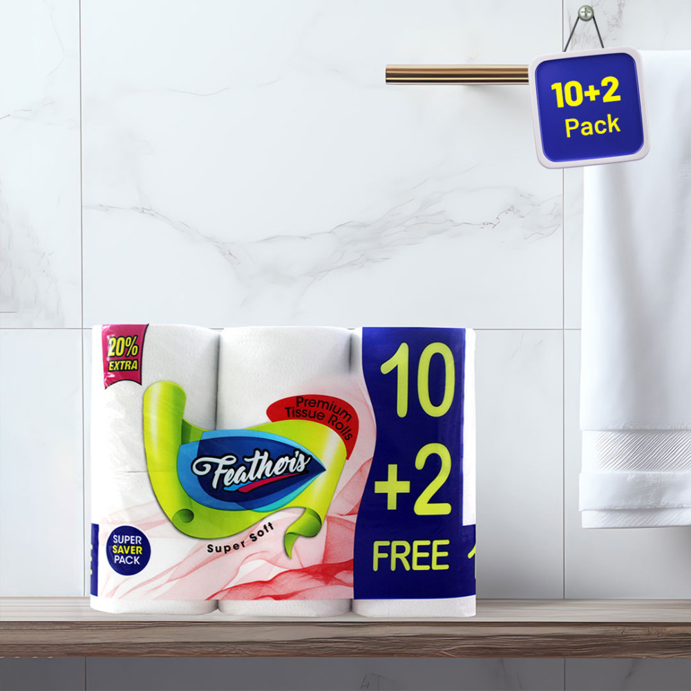 Feather's 2 Ply Natural Toilet Tissue Roll Ultra-soft with 2880 Pulls (10+2 Free Super Saver Pack Tissue Roll in 1 Pack)