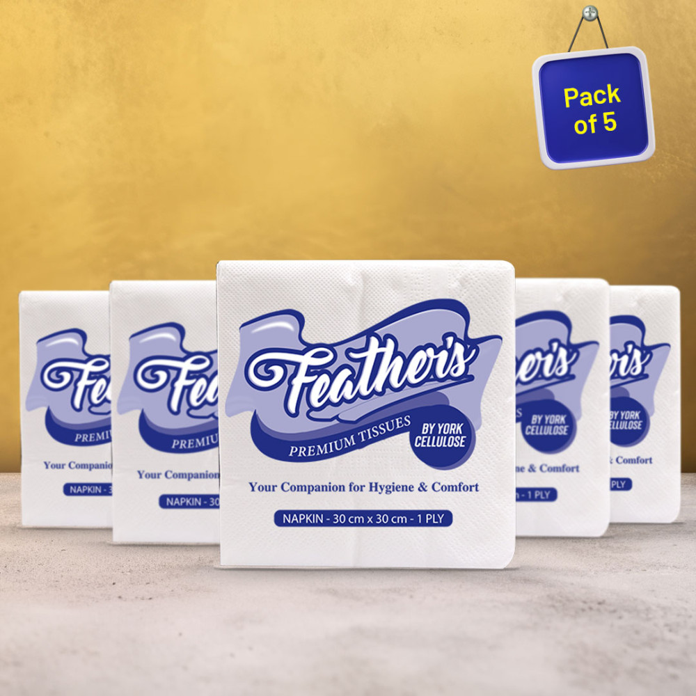 Feather's Naturally White Cocktail Napkin Super Strong & More Absorbent 1Ply Extra Soft Tissue with 100 pulls (Large,Pack of 5, 300X300mm)