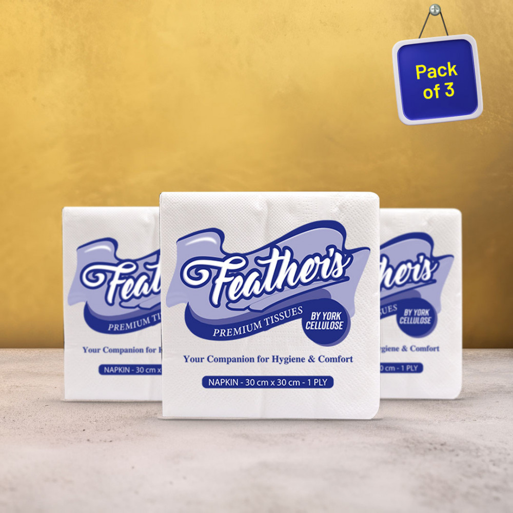 Feather's Naturally White Cocktail Napkin Super Strong & More Absorbent 1Ply Extra Soft Tissue with 100 pulls (Large,Pack of 3, 300X300mm)