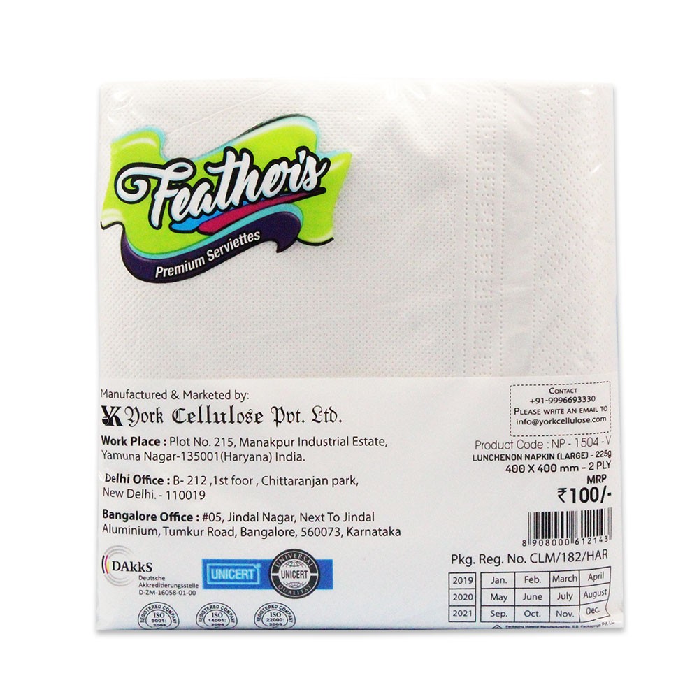 Feather's Premium Naturally White quality extra soft Luncheon Napkin(Large)- 400X400mm- 2 Ply- 50 pulls (pack of 4)