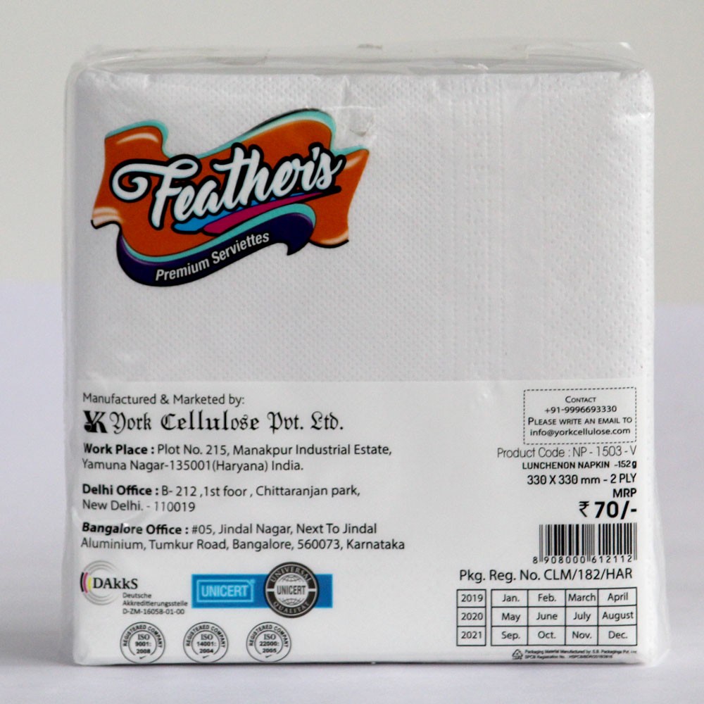 Feather's Premium Naturally White quality extra soft Luncheon Napkin  Super strong More absorbent-330X330mm-2Ply- 50 pulls (packs of 5)