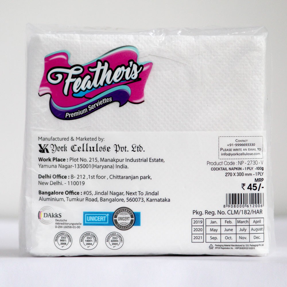 Feather's Premium Naturally White, quality extra soft Cocktail Napkin Super strong More absorbent-270X300mm - 1 Ply- 80 pulls (packs of 8)