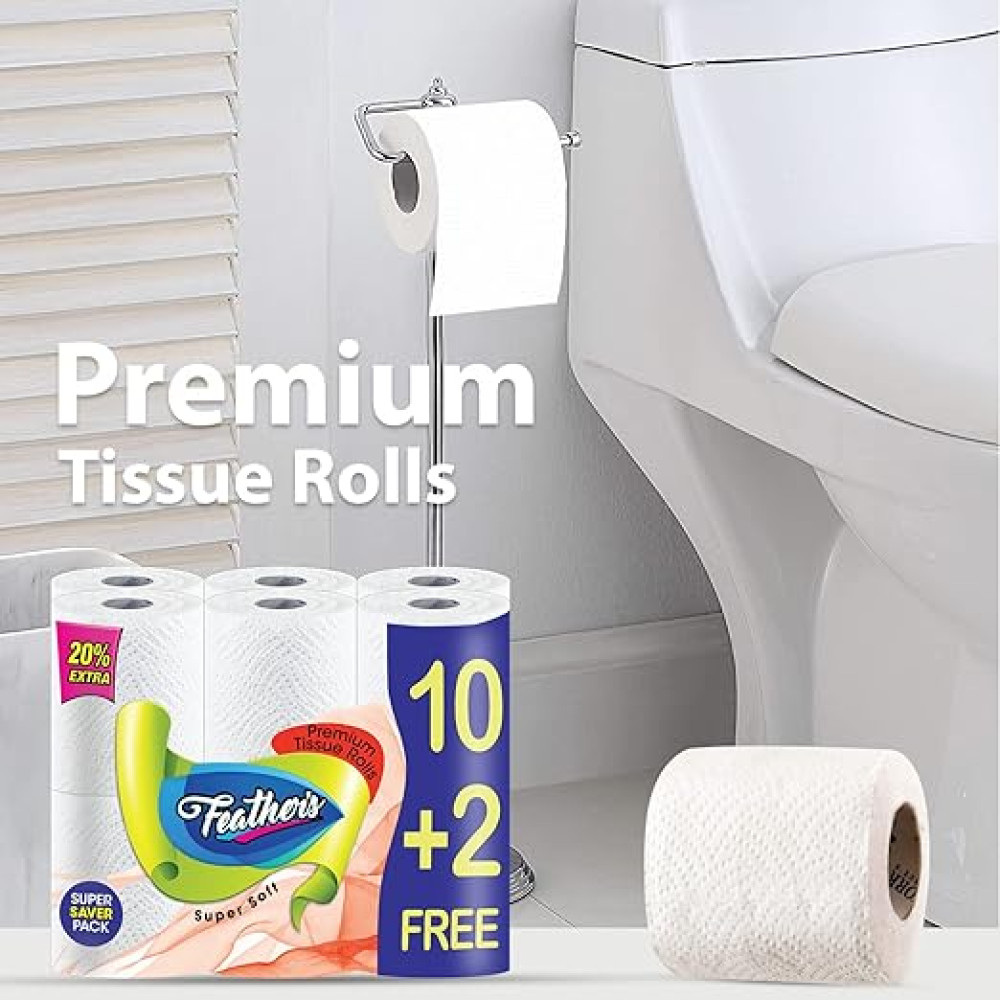 Feather's 2 Ply Natural Toilet Tissue Roll Ultra-soft with 2880 Pulls (10+2 Free Super Saver Pack Tissue Roll in 1 Pack)