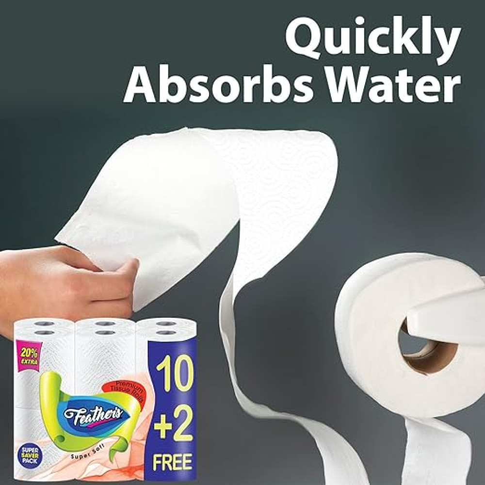 Feather's 2 Ply Natural Toilet Tissue Roll Ultra-soft with 2880 Pulls (10+2 Free Super Saver Pack Tissue Roll in 1 Pack)