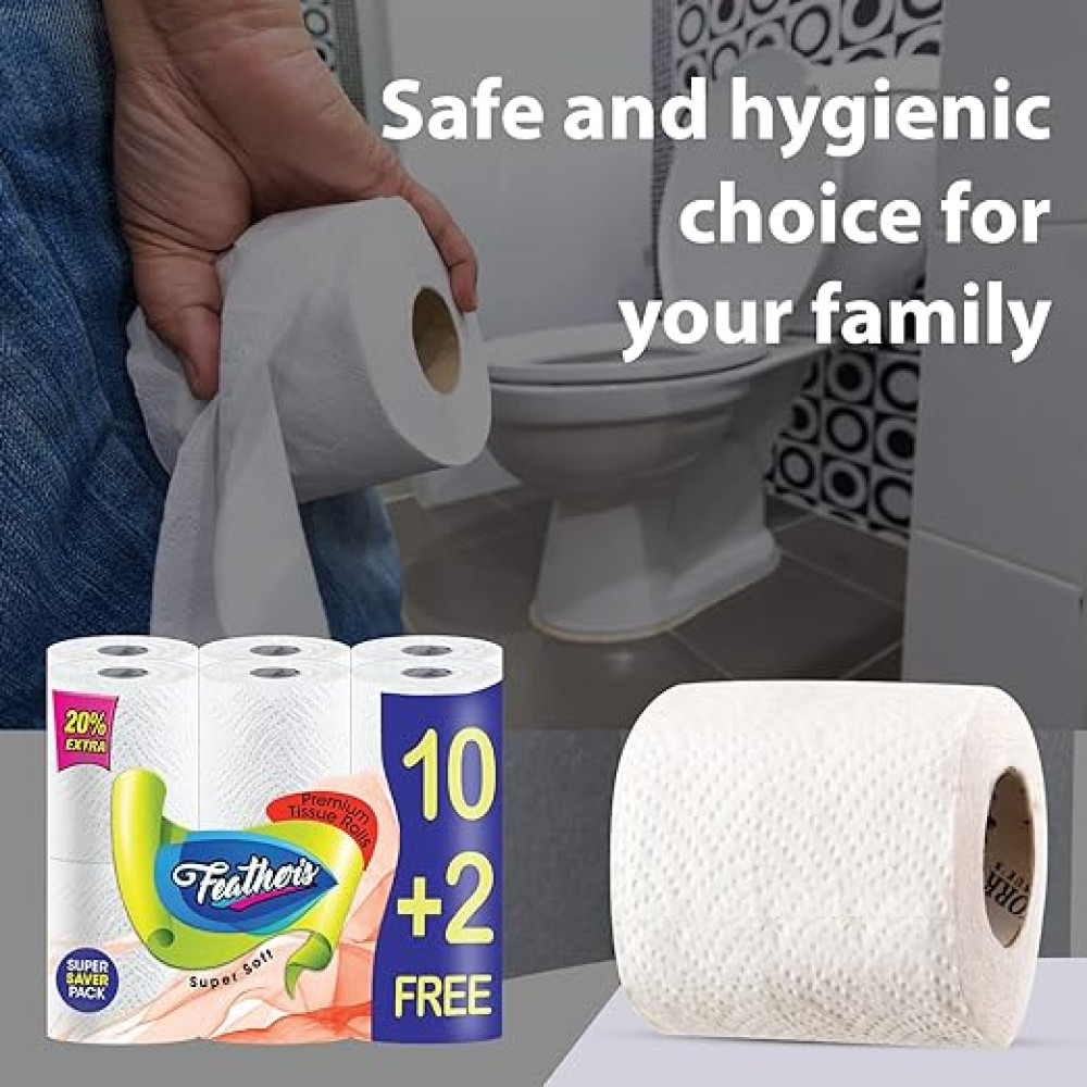 Feather's 2 Ply Natural Toilet Tissue Roll Ultra-soft with 2880 Pulls (10+2 Free Super Saver Pack Tissue Roll in 1 Pack)