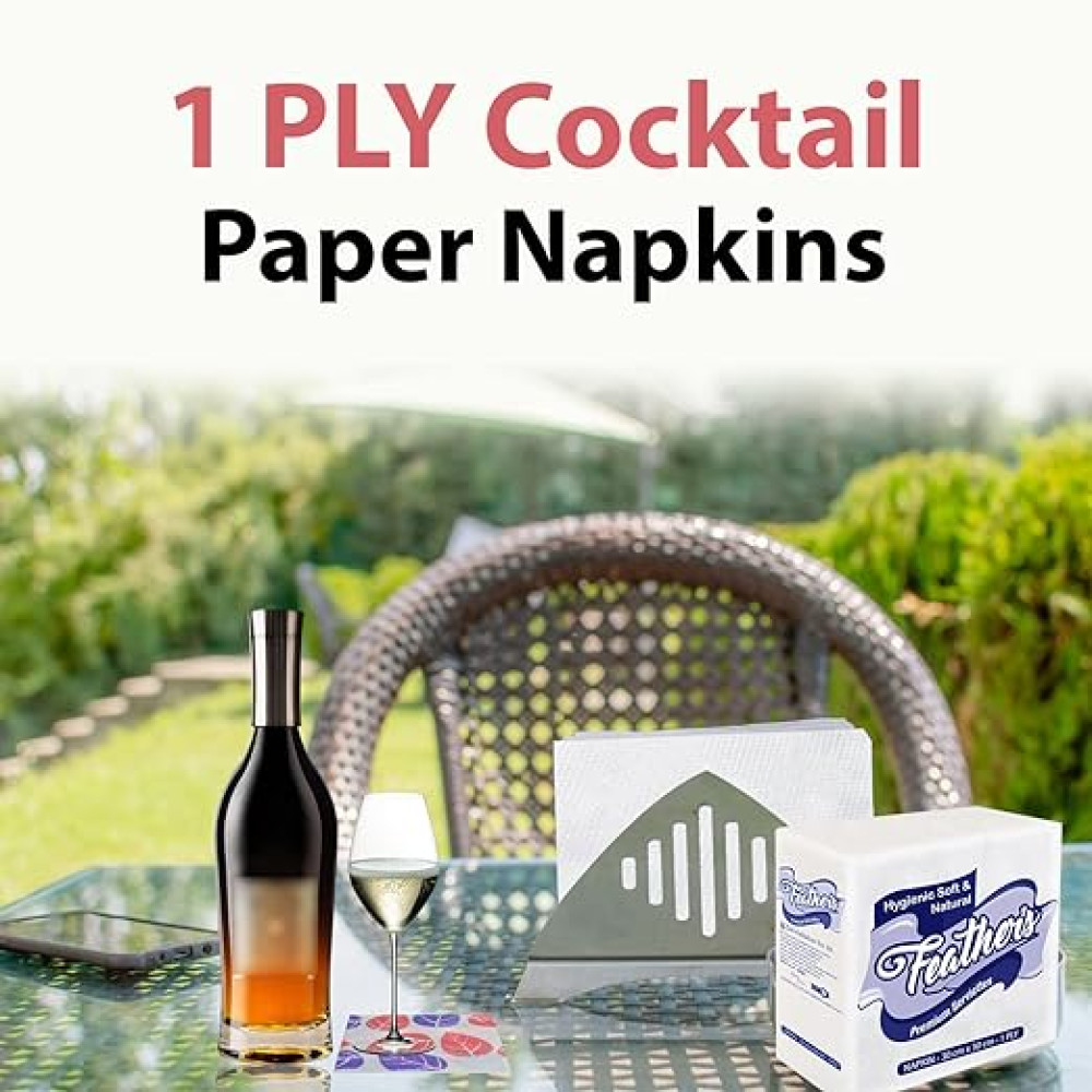 Feather's Naturally White Cocktail Napkin Super Strong & More Absorbent 1Ply Extra Soft Tissue with 100 pulls (Large,Pack of 5, 300X300mm)