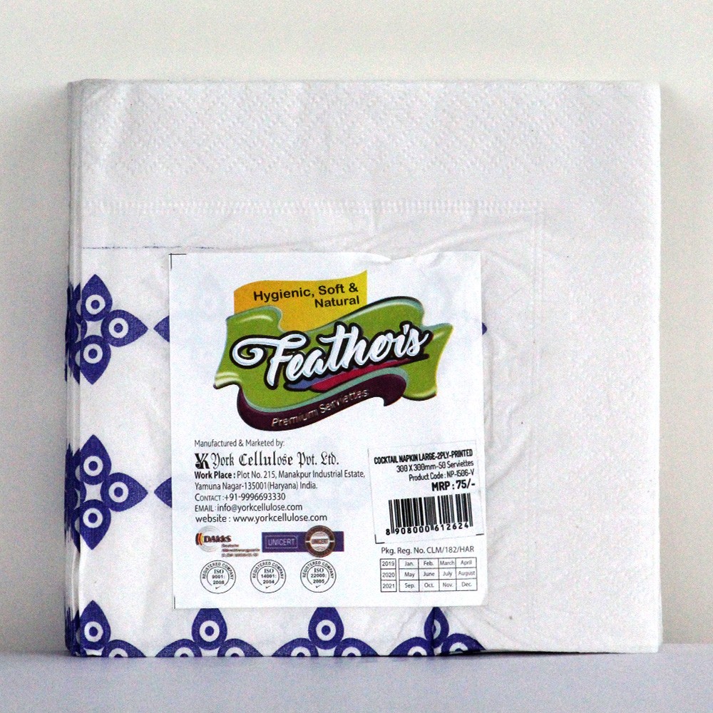Feather's Premium printed  cocktail napkin with Naturally White, Feels Soft, Super Absorbent,quality (Large)-300X300mm-- 2 ply - 50 pulls (pack of 4)