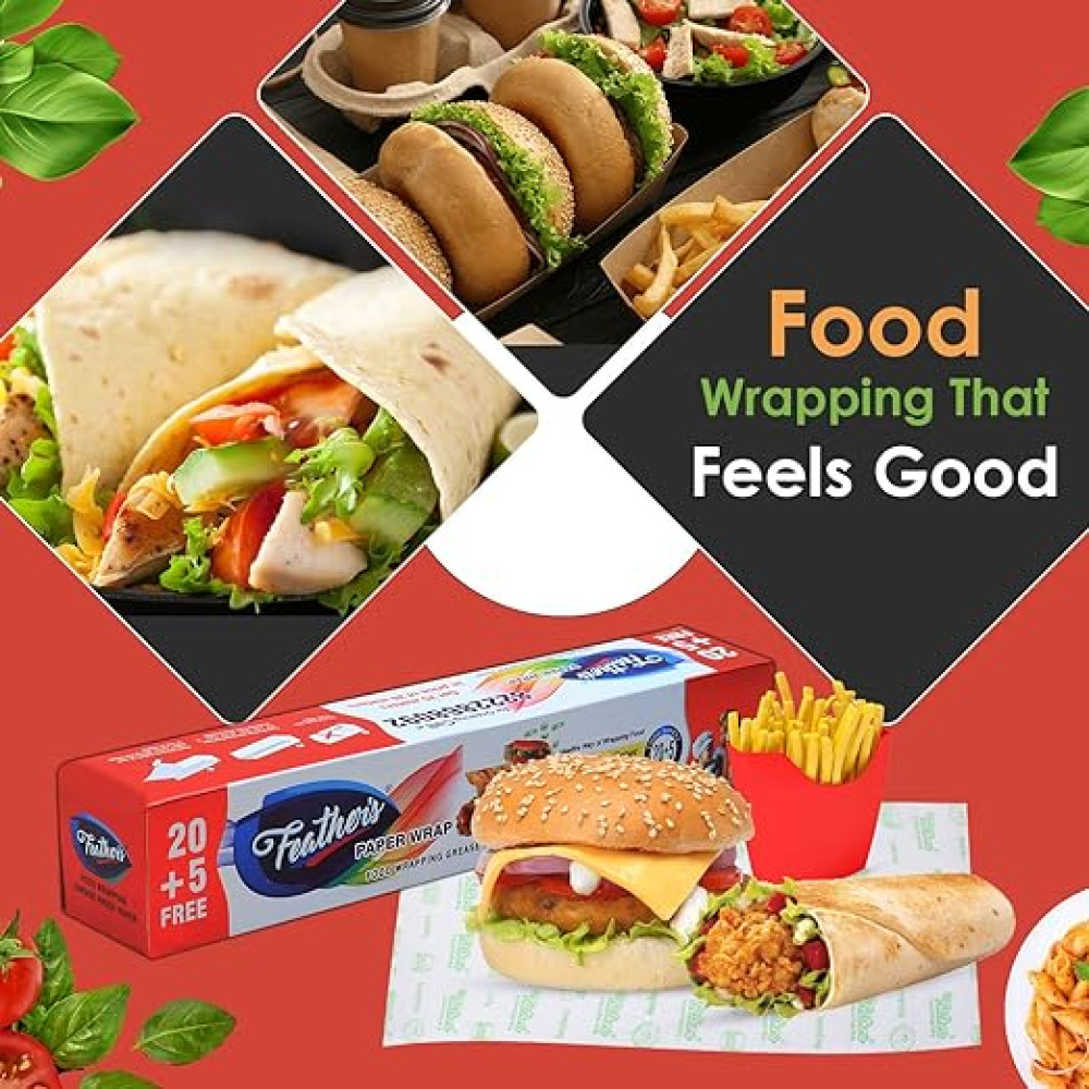 Feather's Multipurpose Food Wrapping Paper Eco-Friendly Food Grade Butter Paper Food Storage Roll for Sandwich, Bread, Fruit, Cheese & Snacks (25 Meters X 11 Inch, Single Pack)