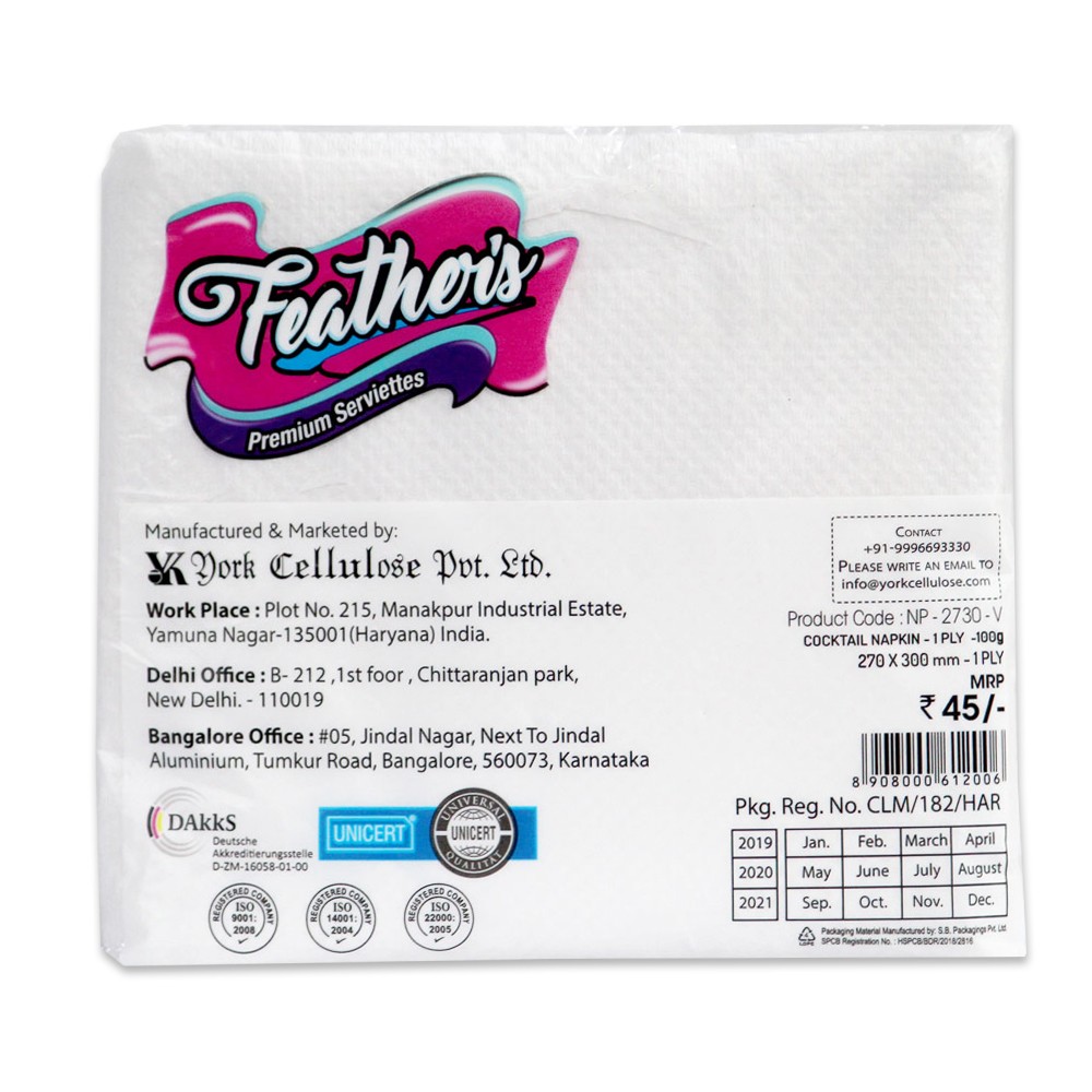 Feather's Premium Naturally White, quality extra soft Cocktail Napkin Super strong More absorbent-270X300mm - 1 Ply- 80 pulls (packs of 4)