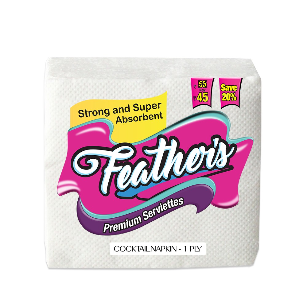 Feather's Premium Naturally White, quality extra soft Cocktail Napkin Super strong More absorbent-270X300mm - 1 Ply- 80 pulls (packs of 4)