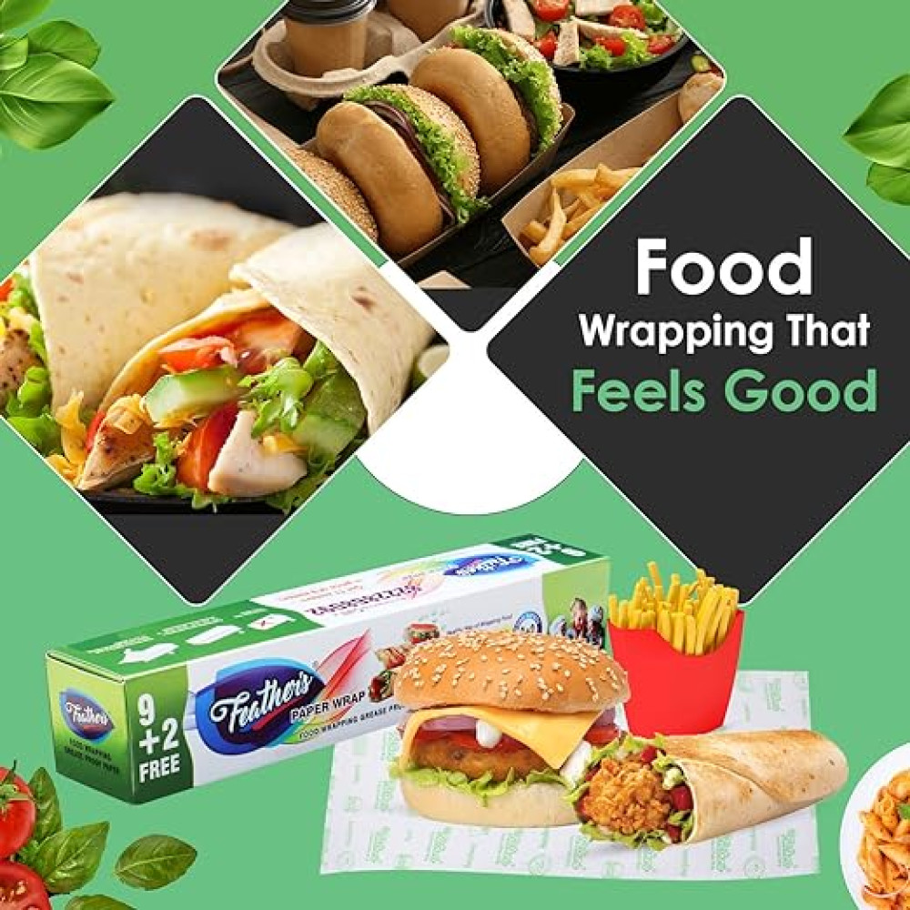 Feather's Multipurpose Food Wrapping Paper Eco-Friendly Food Grade Butter Paper Food Storage Roll for Sandwich, Cheese, Fruit, Bread, Snacks (11 Meters X 11 Inch, Pack of 2)