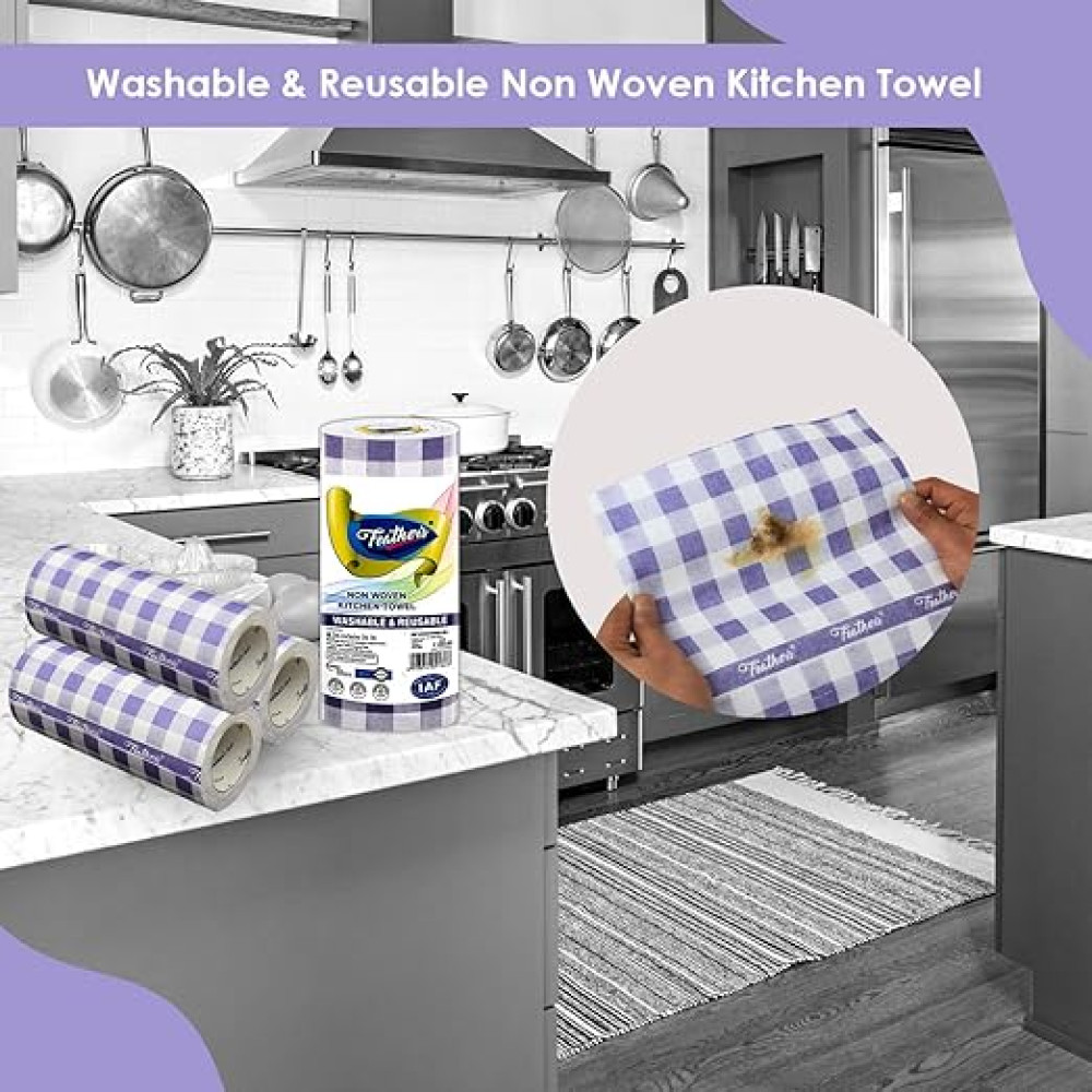 Feather's Multipurpose Super Absorbent Washable & Reusable Kitchen Towel For Cleaning Wet Surfaces Non-Woven Roll 80 Pulls (Pack of 2, 230X240mm)