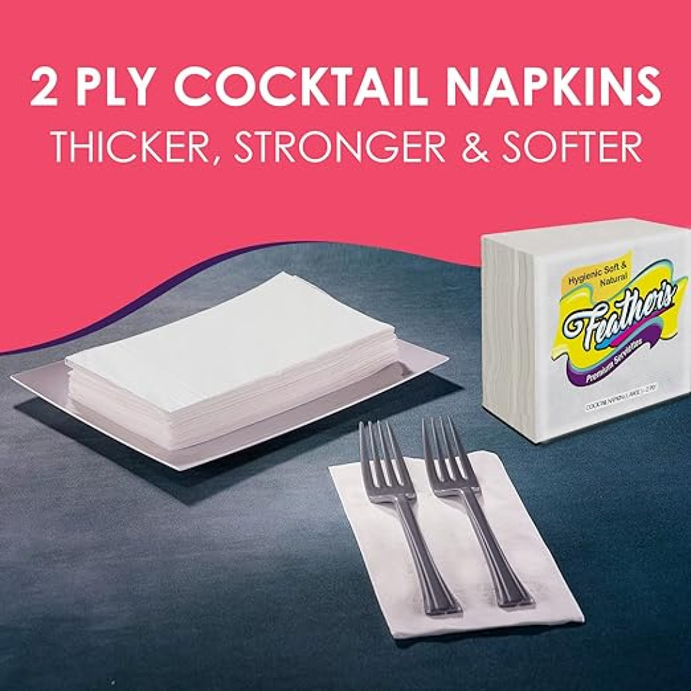 Feather's Naturally White Cocktail Napkin Super Strong & More Absorbent 2Ply Extra Soft Tissue with 50 pulls (Large, Pack of 5, 300X300mm)