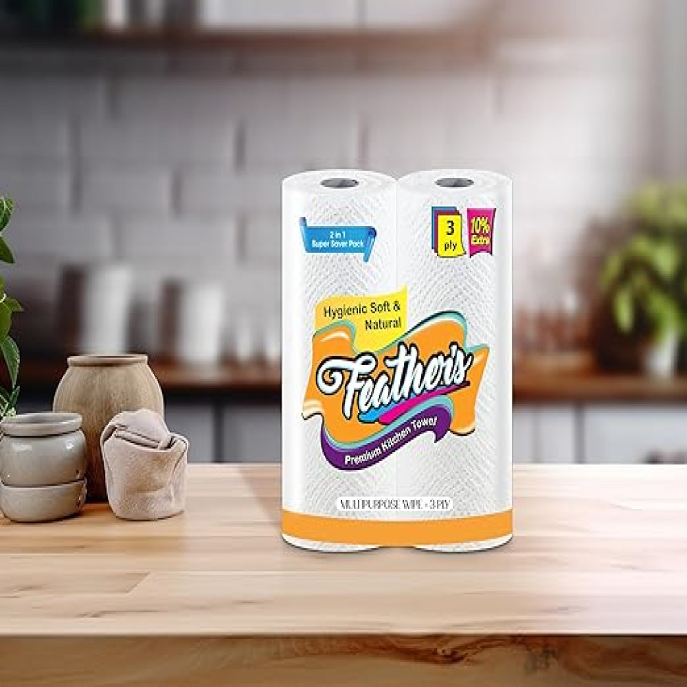 Feather's Extra Soft Multipurpose Wipes Premium Kitchen Towel, 3 - PLY Super Strong Highly Absorbent Tissues with 132 Pulls (4 Rolls)