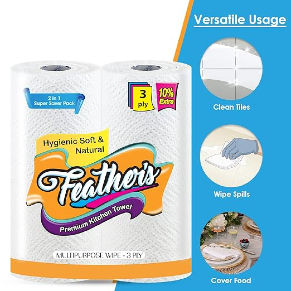 Feather's Extra Soft Multipurpose Wipes Premium Kitchen Towel, 3 - PLY Super Strong Highly Absorbent Tissues with 132 Pulls (4 Rolls)