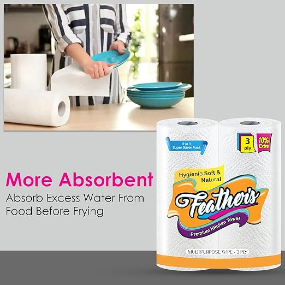 Feather's Extra Soft Multipurpose Wipes Premium Kitchen Towel, 3 - PLY Super Strong Highly Absorbent Tissues with 132 Pulls (4 Rolls)