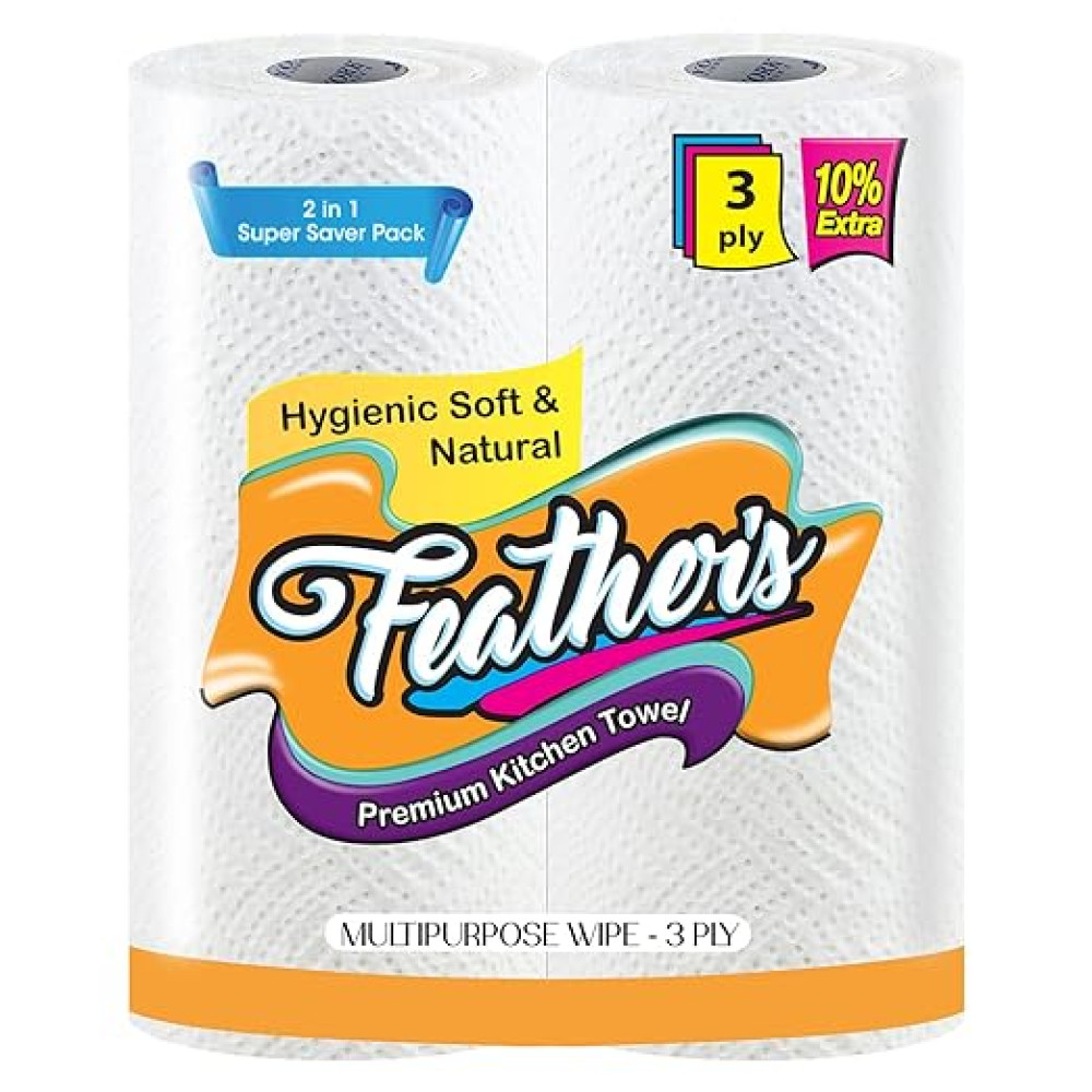 Feather's Extra Soft Multipurpose Wipes Premium Kitchen Towel, 3 - PLY Super Strong Highly Absorbent Tissues with 132 Pulls (4 Rolls)