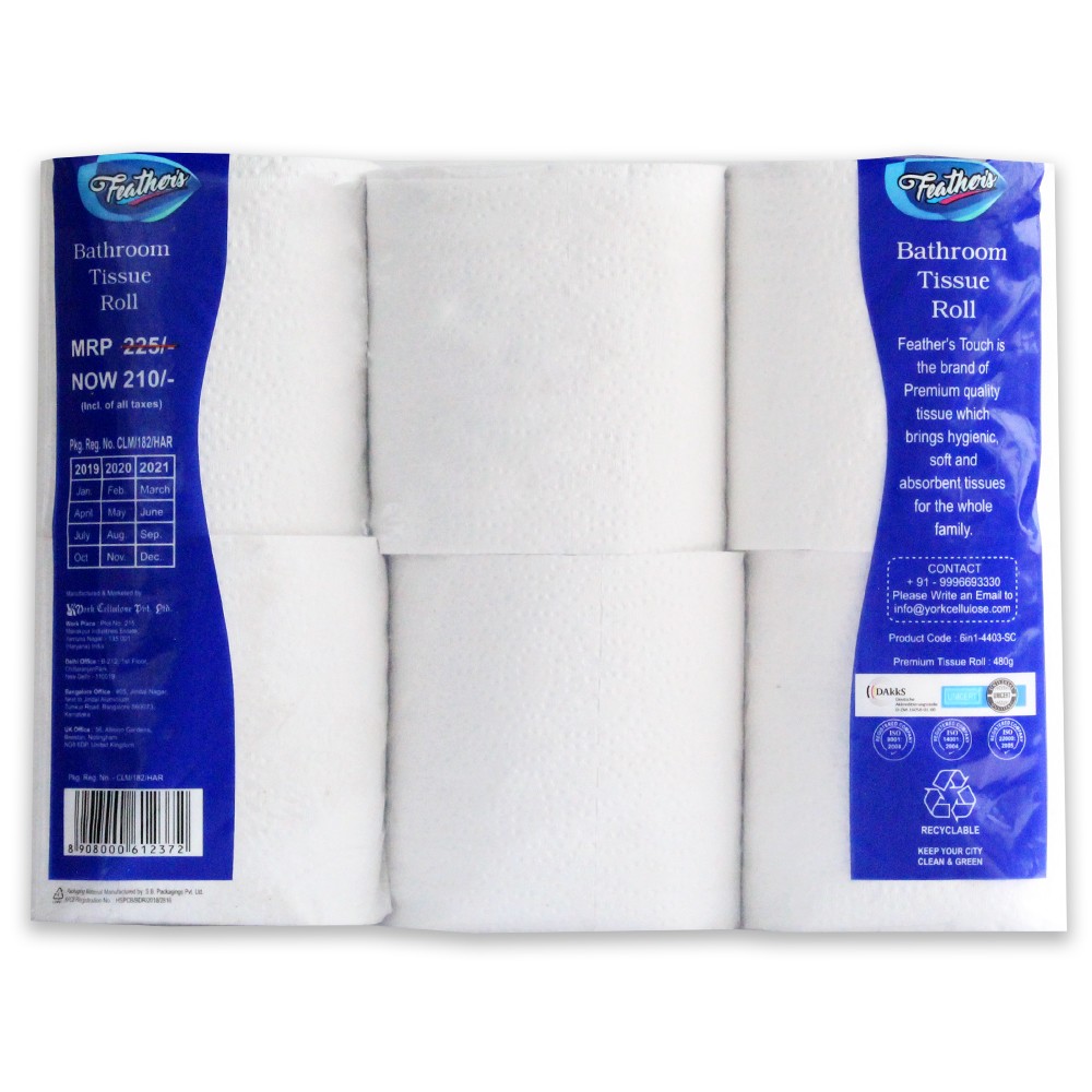 Feather's Premium toilet tissue roll with 100% natural tissue, extra soft tissue paper, 2 - Ply Roll - 1440 pulls (super saver 6 in 1 pack) premium tissue rolls