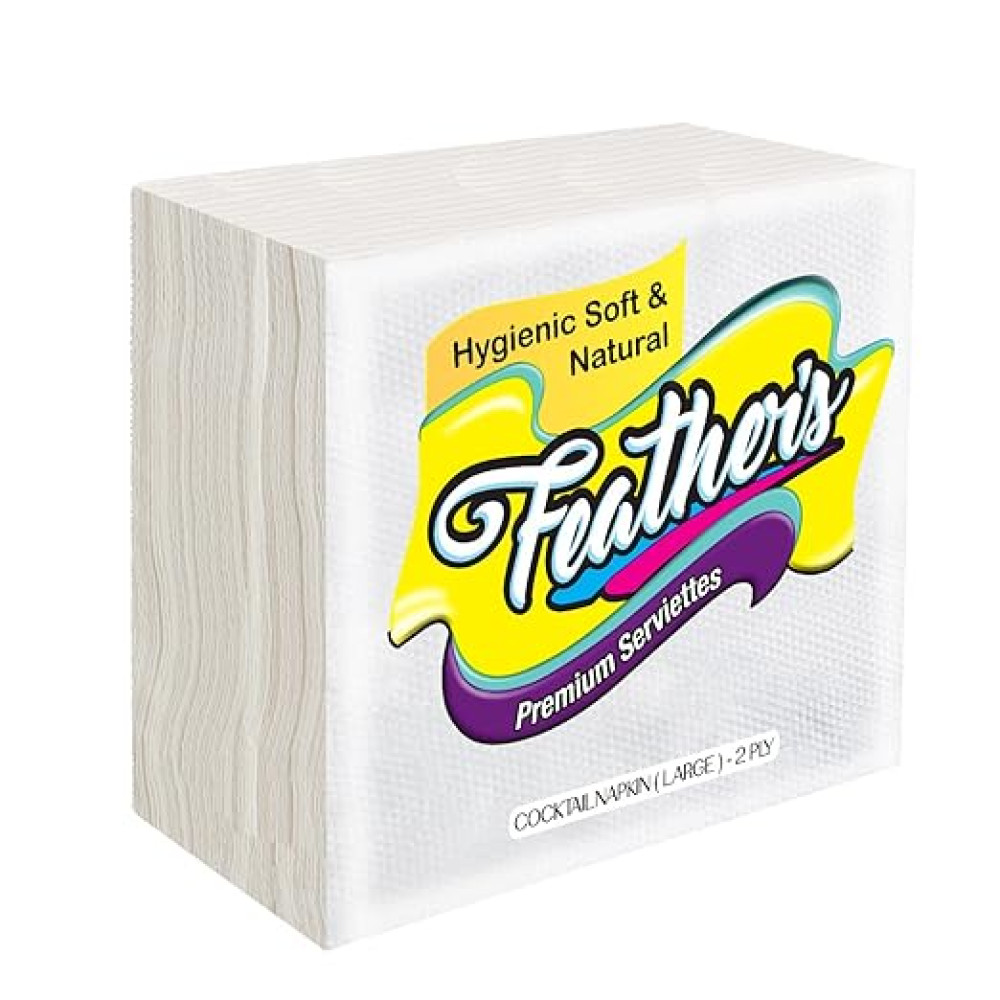 Feather's Naturally White Cocktail Napkin Super Strong & More Absorbent 2Ply Extra Soft Tissue with 50 pulls (Large, Pack of 3, 300X300mm)