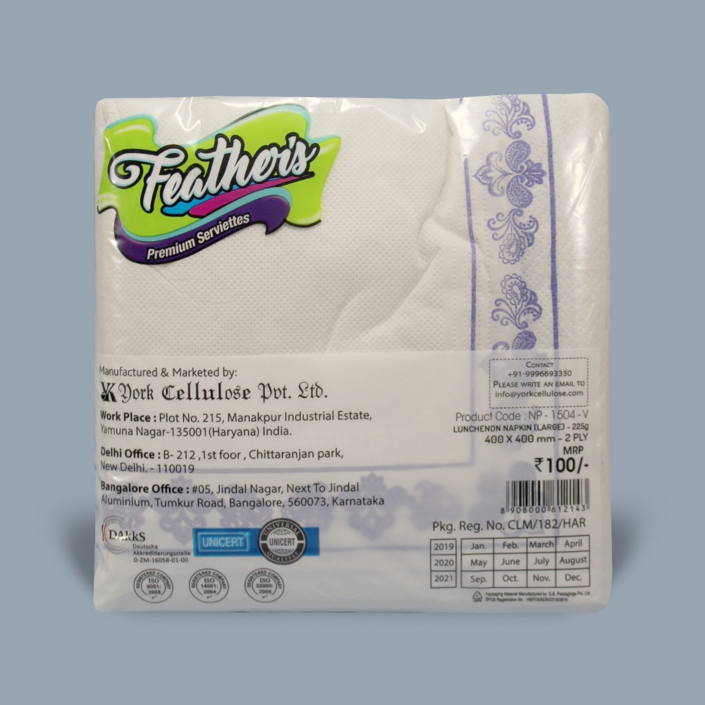Feather's Premium Naturally White quality extra soft Luncheon Napkin(Large)- 400X400mm- 2 Ply- 50 pulls (pack of 5)