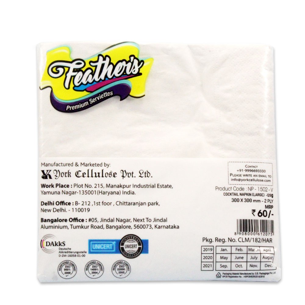 Feather's Premium Naturally White, quality extra soft Cocktail Napkin(Large) Super strong More absorbent-300X300mm-- 2 Ply - 80 pulls (pack of 6)