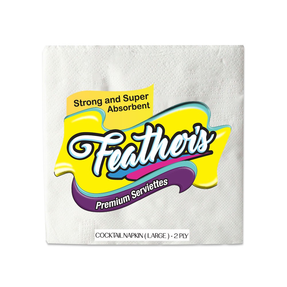 Feather's Premium Naturally White, quality extra soft Cocktail Napkin(Large) Super strong More absorbent-300X300mm-- 2 Ply - 80 pulls (pack of 6)